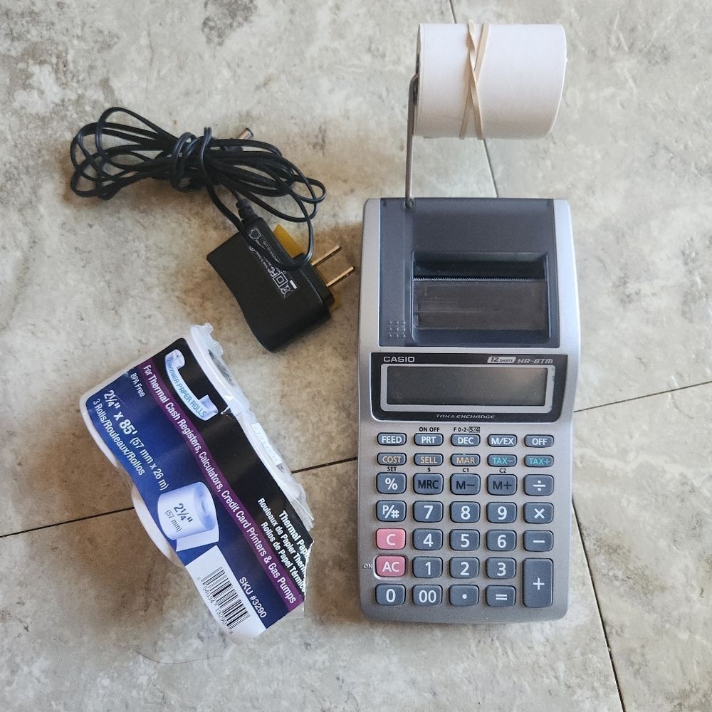 Casio HR-8TM tax & exchange printer calculator  4 AA batt or AC adaptor Vintage
